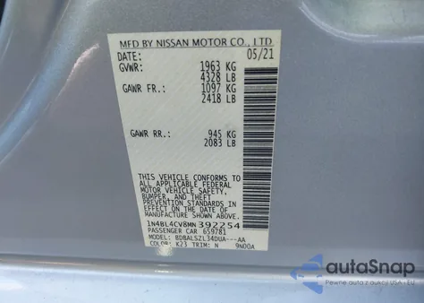 2021 Nissan Altima Sr Fwd from USA, damaged, VIN 1N4BL4CV8MN392254